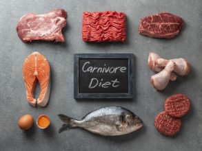 Carnivore diet concept. Raw ingredients for zero carb diet - meat, poultry, fish, seafood, eggs,