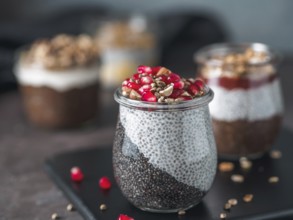 Healthy breakfast concept and idea - two colors chia pudding with organic raw pomegranate, almond