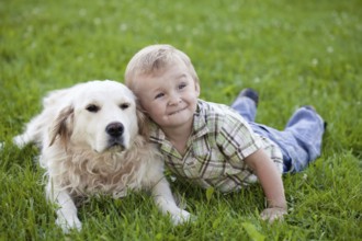 Cute toddler blonde boy with golden retriever hugging close up
