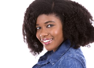 Beautiful young black woman is wearing jean dress on white background, Toronto, Canada, North