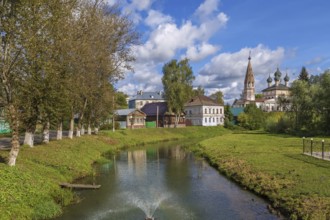 Cityscape with church and river in Nerekhta, Russia, Europe