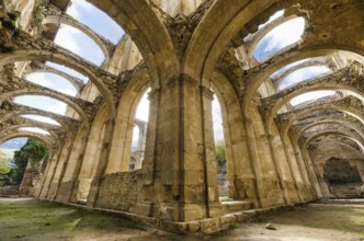 Scenic view of the ruined cloister of an abandoned monastery. HDR picture
