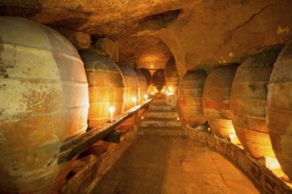 Antique winery in Spain with clay vessels terracotta amphora pots Mediterranean tradition with