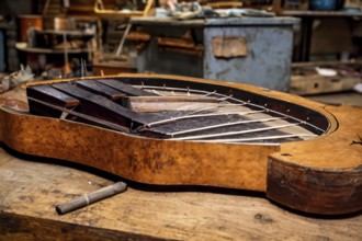 Interior of an old musical workshop with musical instruments and tools