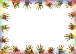 Children's hands painted with colorful paint. Infant border frame