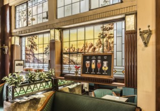 Brussels, Belgium, 01 18 2019: Art deco interior design of the tavern L'Espérance with stained