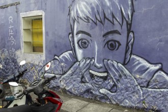 Painted wall, street art, street art, old town of George Town, Georgetown, Penang Island, Malaysia,