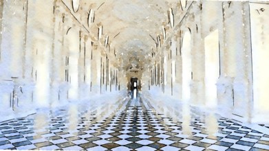 Creative illustration of Reggia di Venaria Reale gallery, Italy. Luxury marbles in baroque Royal