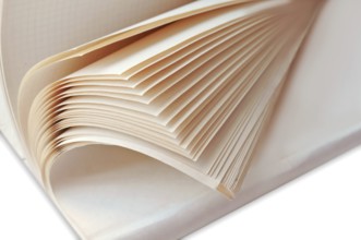Semi-open General notebook, open notebook with white sheets, pages of a thick notebook