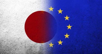 Flag of the European Union with National flag of Japan. Grunge background