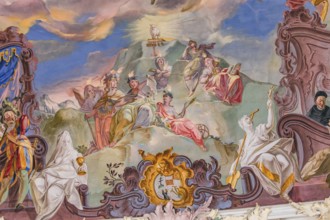 WIBLINGEN, BAVARIA, GERMANY, JUNE 08, 2022 : Rococo and baroque decors of the library in Wiblingen