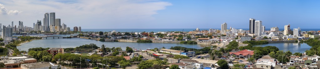 Panorama of old and new city Cartagena with sea on a sunny day from Castle San Felipe de Barajas,