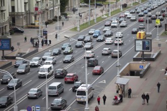 September 25, 2019. Belarus, Minsk. The stream of cars drives along the city street