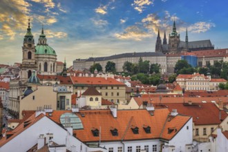 Prague Czech Republic, high angle view sunset city skyline at Prague old town and Castle, Czechia