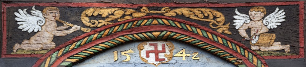 Coat of arms, Family Raven, 1542, Ornate Fachwerk-style, Decorations on a half-timbered house,