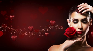 Beautiful woman with dramatic makeup and red lips. Red flower rose. Hearts in the background,