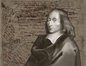 Portrait of Blaise Pascal with his handwritten manuscript, Pensées de Pascal, thoughts on religion,