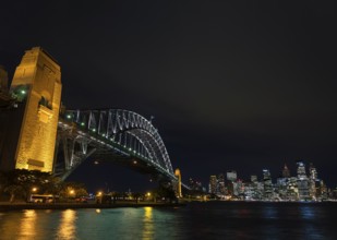 Famous sydney harbour bridge and CBD skyline landmarks in australia at night