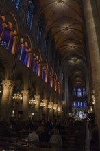 PARIS, FRANCE, MAY 25, 2018, Artistic light installation inside the Notre Dame Cathedral in Paris