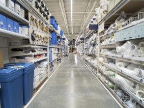 Store for home improvement and DIY. Warehouse aisle of building materials in industiral store. Bit