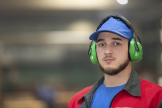 Belarus, Gomil. Wood processing plant. April 25, 2022.Close-up of a male worker wearing soundproof