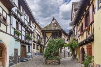 Picturesque historical street in Eguisheim, Alsace, France, Europe