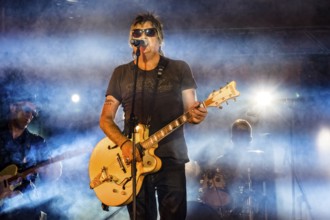 Madrid, Spain, 2022 July, 16: La Frontera rock band playing at the Carmen festivities in Chamberi.