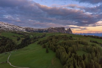 Panoramic view from the Seiser Alm to the Dolomites in Italy, drone shot