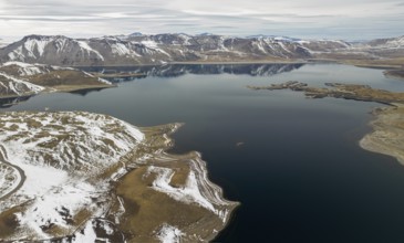 Aerial view of the Snowy Andes and Maule Lagoon at the Pehuenche border crossing between Chile and