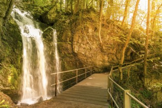 Idyllic scenery of a small waterfall and a bridge that crosses it, in the forests of the Swiss Alps