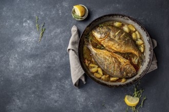 Food, Food, Baked sea bream or dorada with onion and herbs in pan on dark background