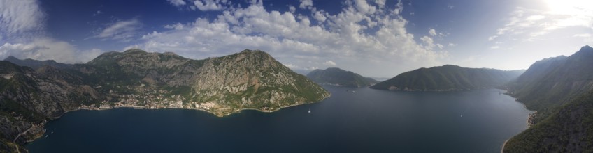 Aerial panorama view of Kotor bay (Boka Kotorska) and mountains in Montenegro