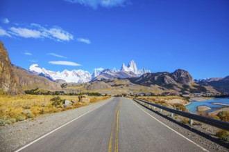 Argentine Patagonia. Excellent asphalt road to the majestic Mount Fitz Roy. Sunny day in February