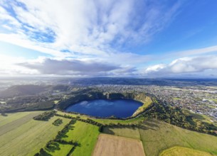 The rural town of Mt Gambier and its famous Blue Lake crater on a sunny autumn day in South