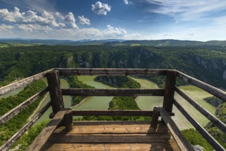 Viewpoint of meanders at rocky river Uvac gorge on sunny day, southwest Serbia