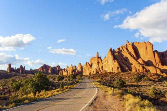 Asphalt road in the park. Arches Park in Utah, USA. Picturesque red-brown sandstone cliffs form a
