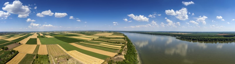 Aerial panorama of colorful fields on high bank of Danube river in Serbia