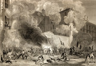Attack to caserne Babylone of the Swiss Guards, rue de Babylone, Paris, antique steel engraved