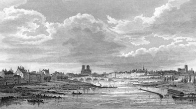 Panorama of Paris with Notre-Dame de Paris, antique steel engraved print, 1831