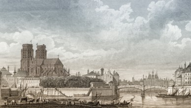 Panorama of Paris with Notre-Dame de Paris, antique steel engraved print, 1831