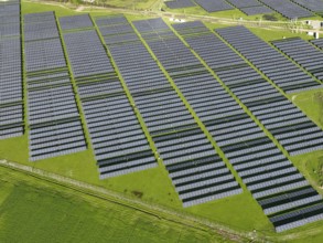Solar panels on field in summer, aerial drone view