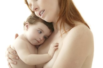 Nude baby and mother portrait hug playing white background