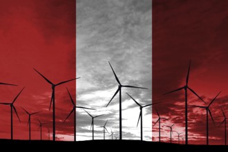 Peru flag wind farm at sunset, sustainable development, renewable energy Wind Turbines