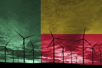 Benin flag wind farm at sunset, sustainable development, renewable energy Wind Turbines