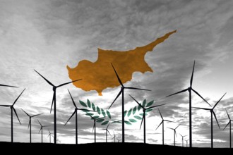Cyprus flag wind farm at sunset, sustainable development, renewable energy Wind Turbines