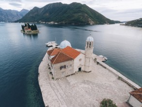 The island of Gospa od Skrpjela, Kotor Bay, Montenegro. Aerial survey of drones, Montenegro, Europe