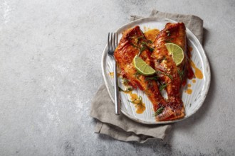 Food, Food, Baked red sea bass on kraft white plate, concrete background