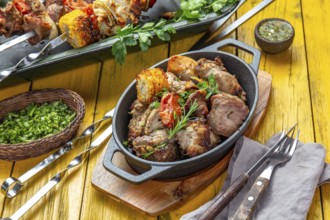 Food, Food, Bbq grilled meat, pork, chicken and vegetable on cast iron pan. Grilled skewers on