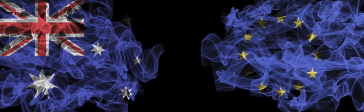 Flags of Australia and the EU on a black background, Australia vs. Europe Union Smoke Flags
