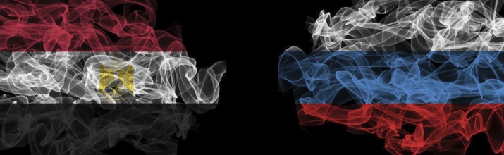 Flags of Egypt and Russia on Black background, Egypt vs Russia Smoke Flags